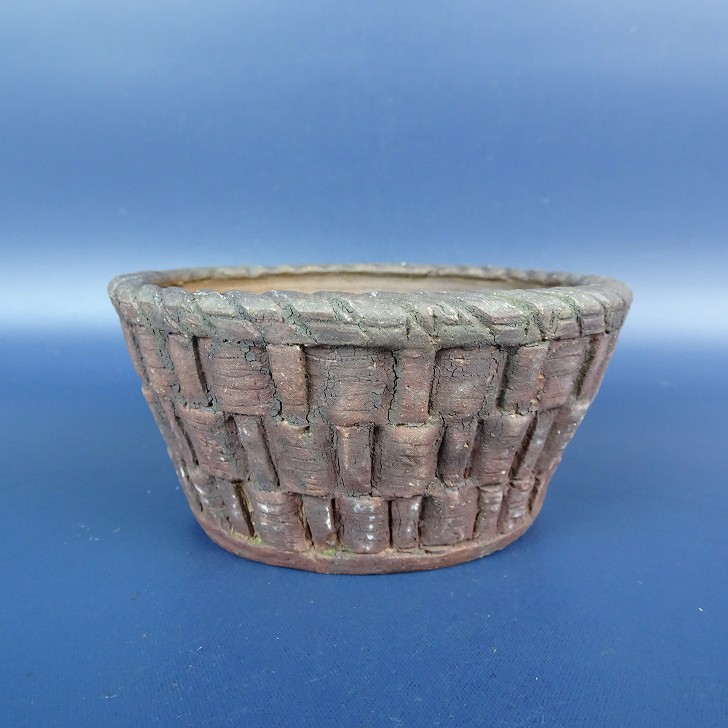 【中古】盆栽鉢 陶山 小鉢 長辺 約9糎 丸鉢 縄縁 泥鉢 現品 中古鉢 貨物輸送無料