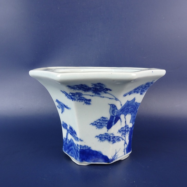 【中古】盆栽鉢 南京 書き判なし 小型 長辺 約11.5糎 八角茴香鉢 染付 鳥 木 褒めたたえる用 現品 中古鉢 貨物輸送無料