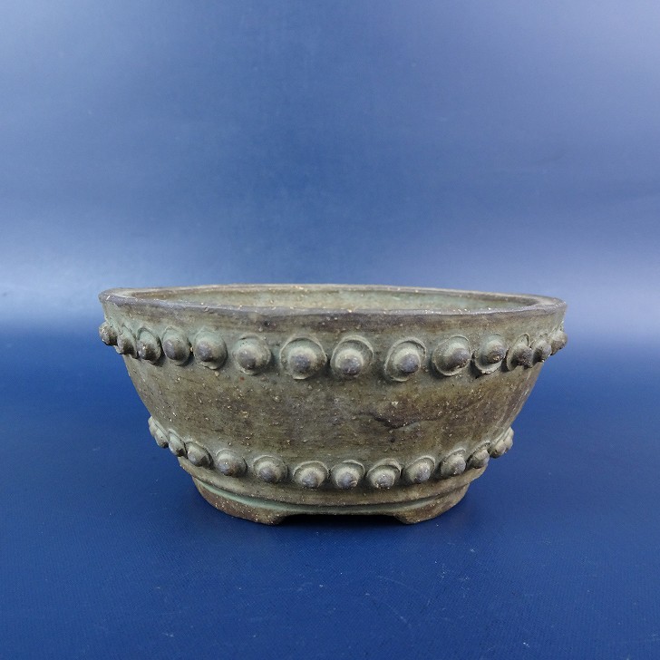 【中古】 盆栽鉢 万古焼 萬古 春山 小鉢 長辺 約 9.5cm 丸鉢 鋲打 泥鉢 現品 中古鉢