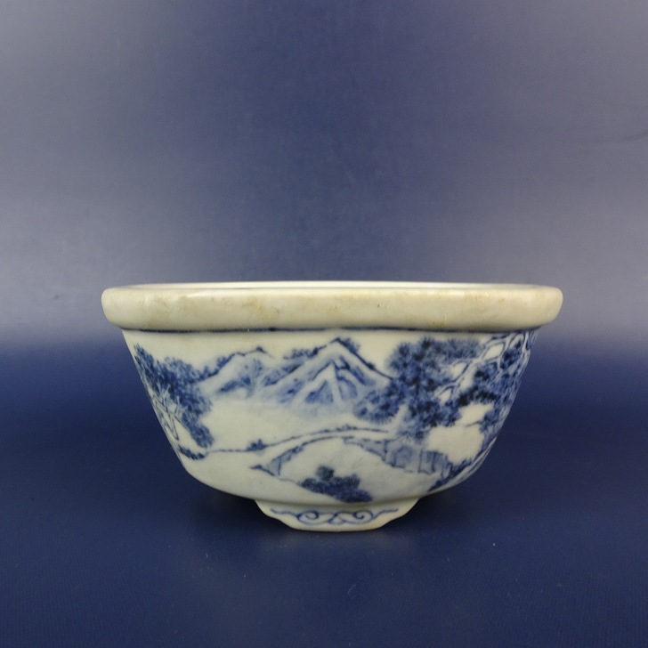 【中古】盆栽鉢 宗善 小鉢 長辺 約 8.8cm 長方鉢 外縁 染付 風景 観賞用 現品 中古鉢