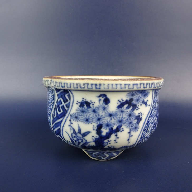 【中古】盆栽鉢 宗善 小鉢 長辺 約 8.6cm 変形 丸鉢 外縁 染付 松 竹 梅 鳥 模様 観賞用 現品 中古鉢 28,600円