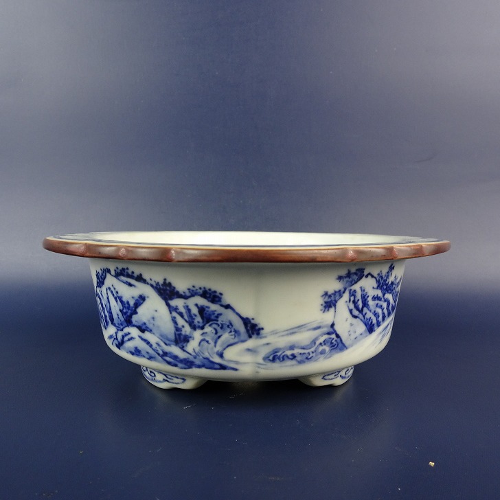 【中古】盆栽鉢 宗善 小型 長辺 約 15.2cm 変形 丸鉢 花形 外縁 染付 風景画 観賞用 現品 中古鉢