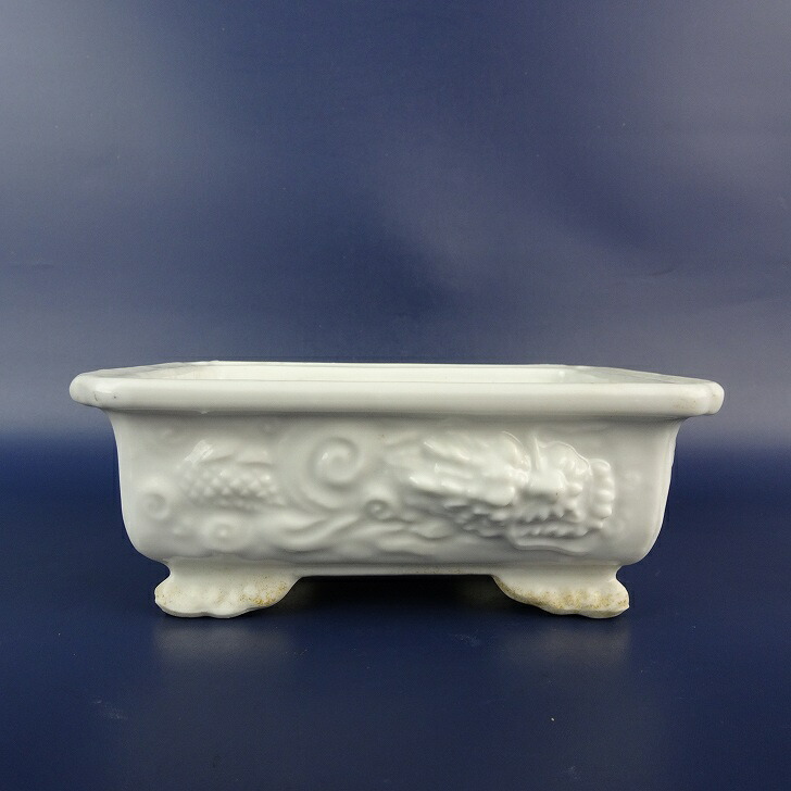 【中古】 盆栽鉢 禎山 小型 長辺 約14.3cm 長方鉢 外縁 隅入 雲足 浮彫 龍 竜 ドラゴン 観賞用 現品 中古鉢 送料無料