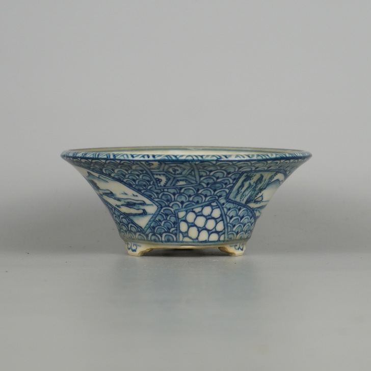 【中古】 盆栽鉢 初代 祥石 小型 長辺 約 11糎 丸鉢 窓抜 風景図 旋風 飾りつけ 褒めたたえる用 現品 中古鉢