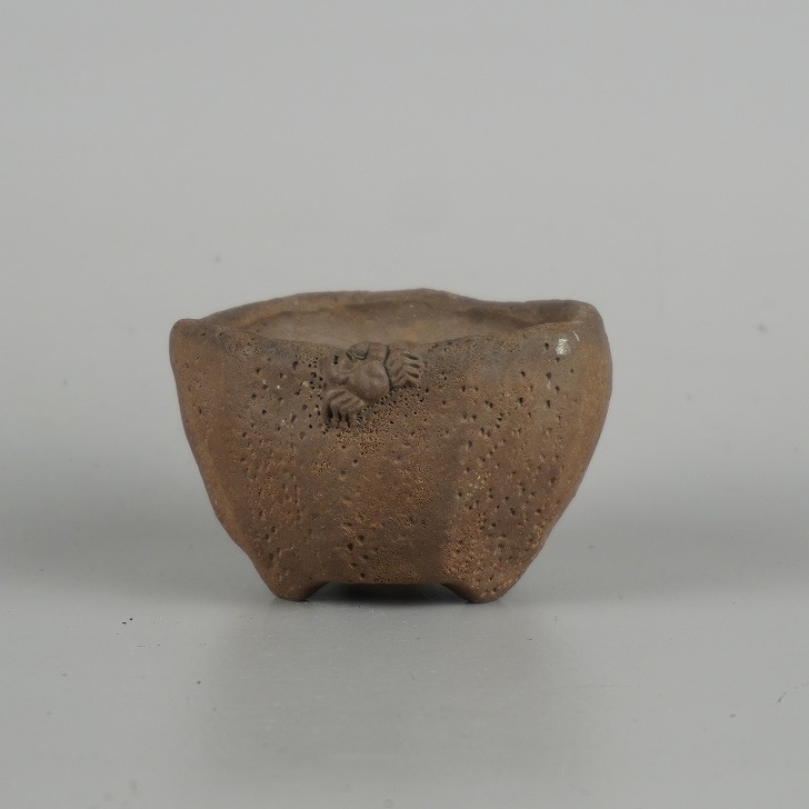 【中古】 盆栽鉢 陶雀 小鉢 長辺 約 7cm 丸鉢 蟹付 かに カニ 泥物 現品 中古鉢 送料無料