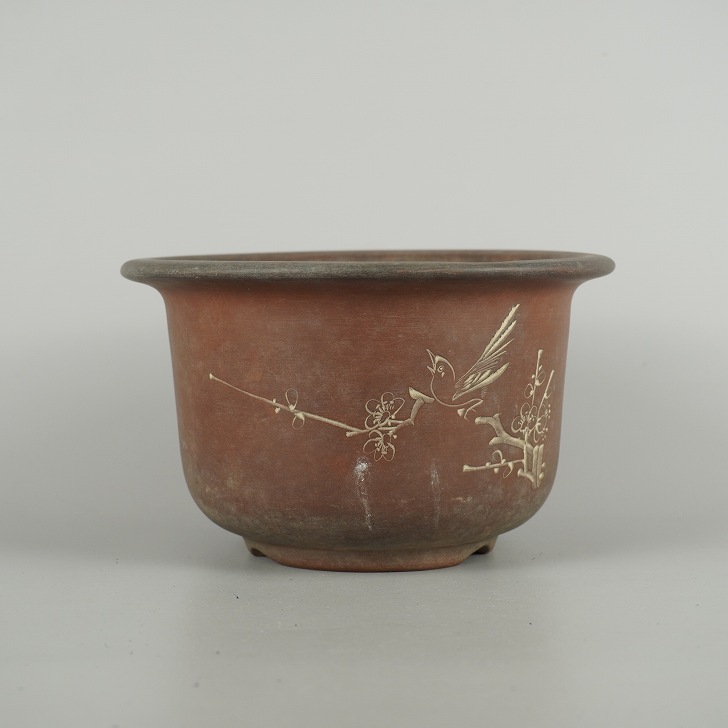 【中古】盆栽鉢 中国制造 小型 長辺 約 17.8cm 丸鉢 彫入 鳥 花 文字 泥物 現品 中古鉢 送料無料