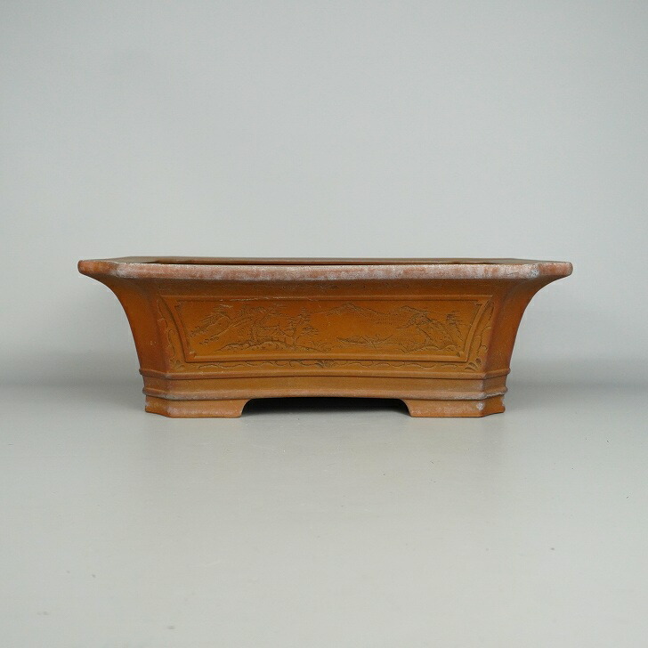 【中古】 盆栽鉢 常滑 美芸造 中型 長辺 約30.3cm 長方鉢 隅切 外縁 釘彫り 山水図 泥物 現品 中古鉢