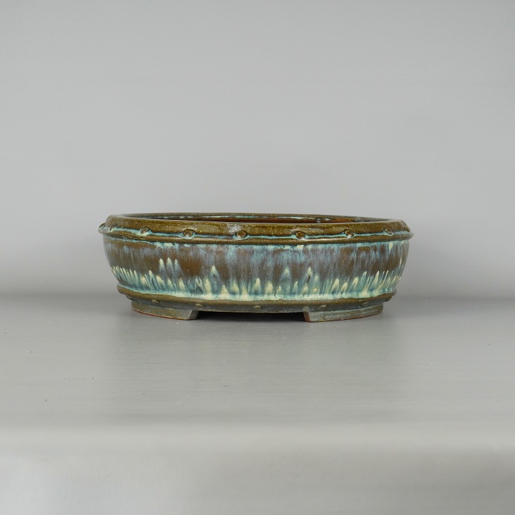 【中古】 盆栽鉢 常滑 秀峰 義村陶園 中型 長辺 約33cm 丸鉢 鋲打 上下帯 釉薬 現品 中古鉢
