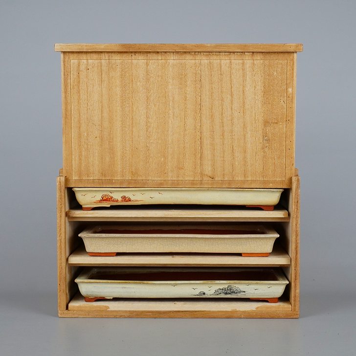 【中古】 盆栽鉢 景仙 3点書き割り 中型 長辺 約21.5珊 長方鉢 赤絵 釉薬 絵鉢 現品 中古鉢