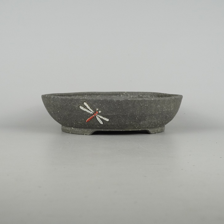 【中古】盆栽鉢 文山 越前文山 中型 長辺 約22.5cm 楕円鉢 色絵 蜻蛉 トンボ 泥物 現品 中古鉢 送料無料