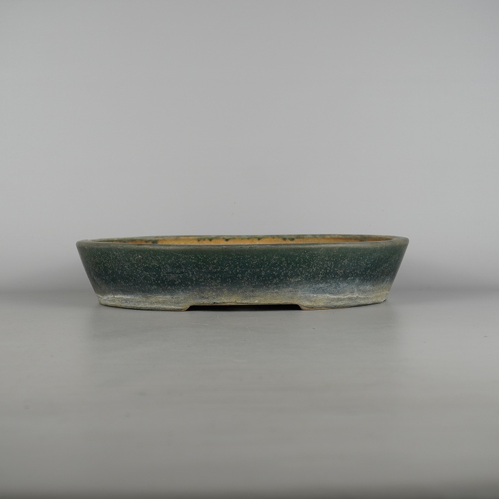 【中古】盆栽鉢 常滑 鴻陽造 円錐小体印 中型 長辺 約34.3糎 楕円面鉢 釉薬 小判 現品 中古鉢