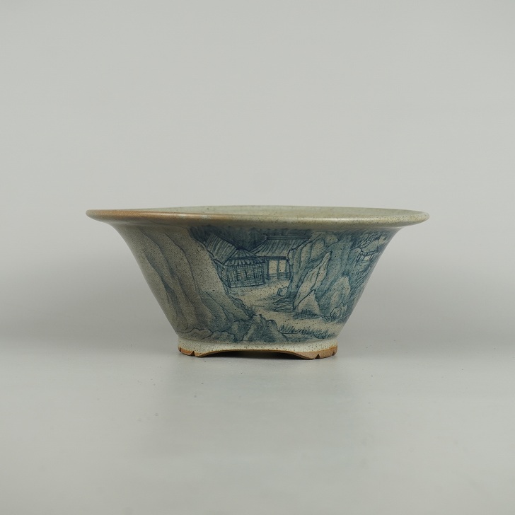 【中古】盆栽鉢 初代 祥石 中型 長辺 約 20.8cm 丸鉢 山水図 鑑賞 観賞用 現品 中古鉢