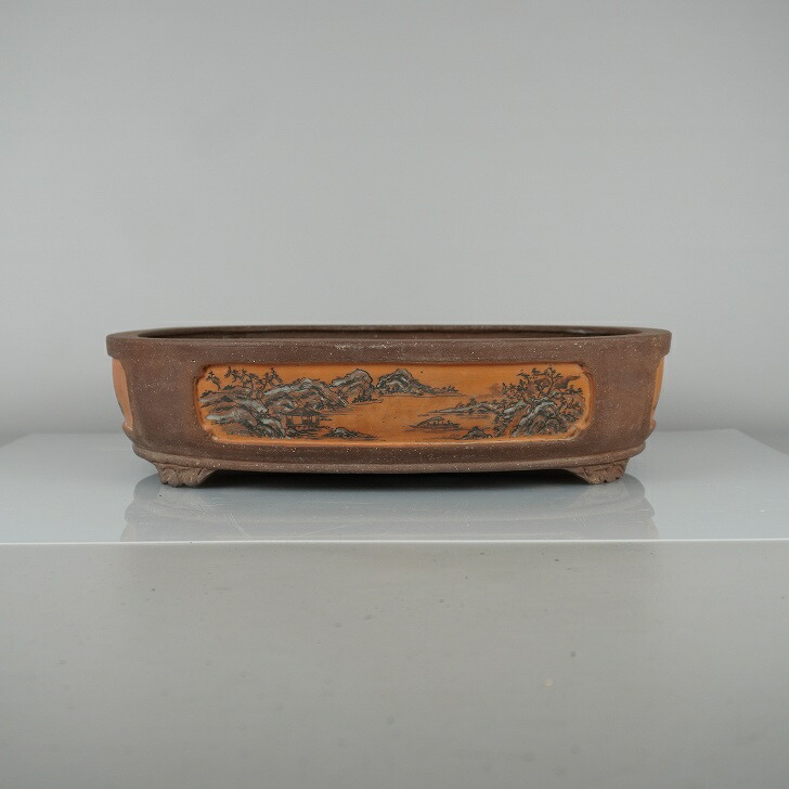 【中古】盆栽鉢 陶翠 陶翠筆 中型 長辺 約 35.5糎 楕円面鉢 雲足 下帯 額入 重要人物 風景図 泥物 和鉢 現品 中古鉢