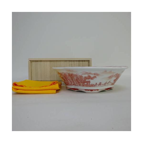 【中古】盆栽鉢 青天井 箱布付き添い人 赤絵 中古鉢 貨物輸送無料