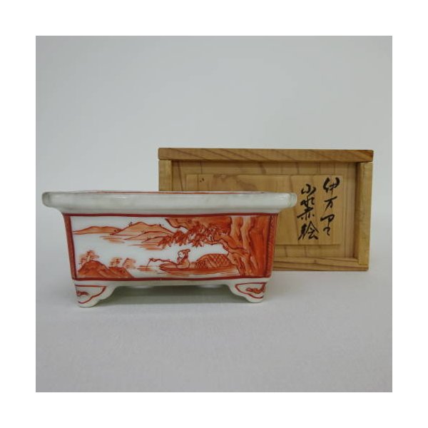 【中古】盆栽鉢 伊万里お定まりエ門 風景赤絵長方鉢 中古鉢 貨物輸送無料 植木鉢-花・ガーデン・DIY-植木鉢・プランター