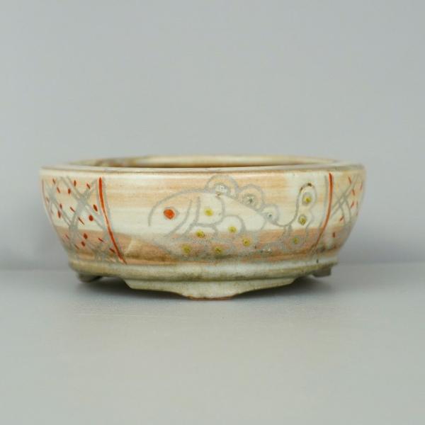 【中古】盆栽鉢 あど 小鉢 長辺 約9.5珊 丸鉢 彩画 魚 現品 中古鉢 ガーデニング・農業-植木鉢