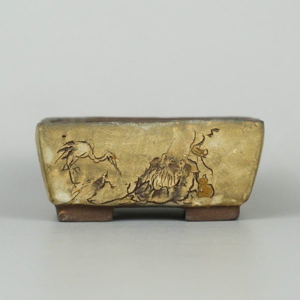 【中古】盆栽鉢 茶山 茶山作 茶山彫 小鉢 長辺 約7.6cm 長方鉢 釘彫り 人物図 観賞用 現品 中古鉢
