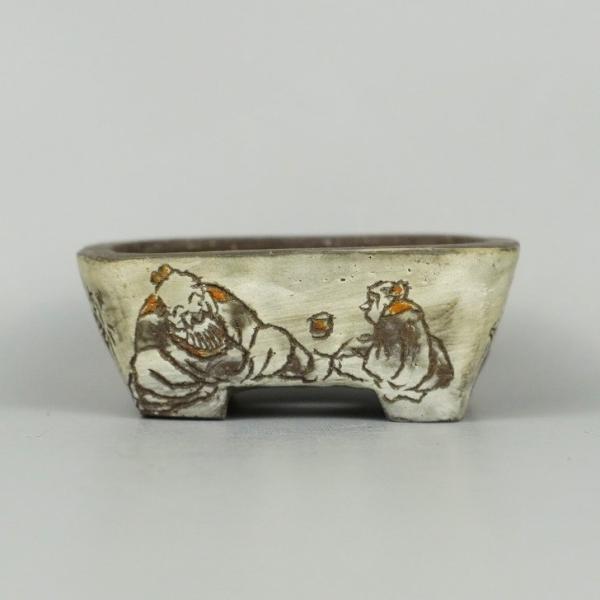 【中古】盆栽鉢 茶山 茶山作 茶山彫 小鉢 長辺 約 5.4cm 長方鉢 山水 人物図 釘彫り 観賞用 現品 中古鉢 24,750円
