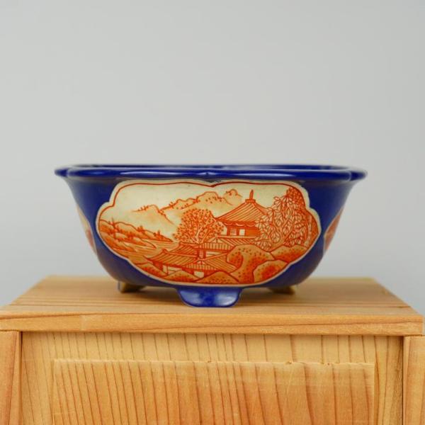 【中古】盆栽鉢 月香 赤絵 景観 高閣図 輪花鉢 硝子 褒めたたえる用 現品 中古鉢 貨物輸送無料
