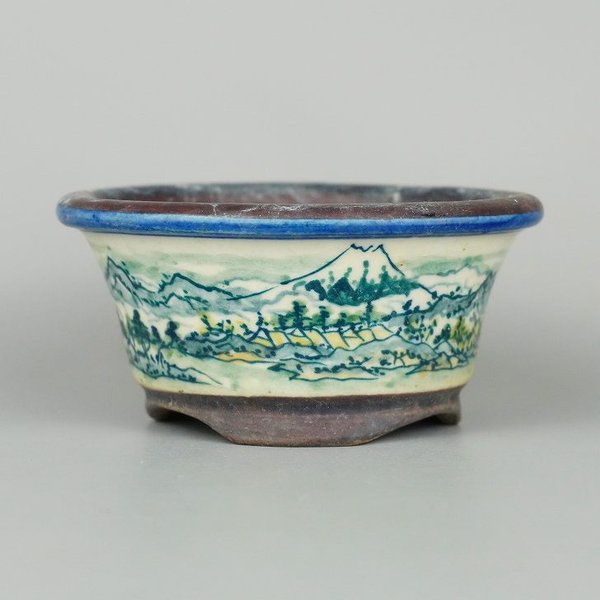 盆栽鉢　　春嘉 楽天市場】【中古】盆栽鉢 春嘉 はるよし 赤絵 山水図 楕円鉢 現品