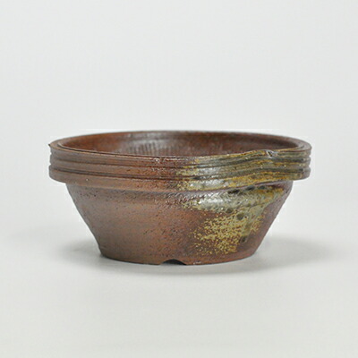 盆栽鉢 作家鉢　4号　フチすじ入り変形丸鉢　伊藤光伸作　幅13.5cm×高さ6cm　 陶器