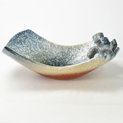 【信楽焼】 青窯変波彫花器14号 幅41cm×奥行き29cm×高さ17cm 花器 水盤 水石 水盆 盆栽 花手水 フローティングフラワー ビオトープ 陶器 浅い鉢 大型 生け花