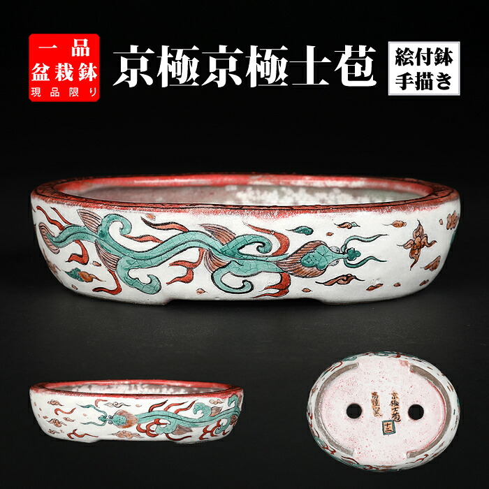 盆栽鉢 京極士苞五彩雨龍図楕円面鉢 鉢 絵付鉢 彩画 手書き 手造り 共箱 5号 15糎 小品文盆栽 ミニ盆栽に至適 現品極限点 【貨物輸送無料】
