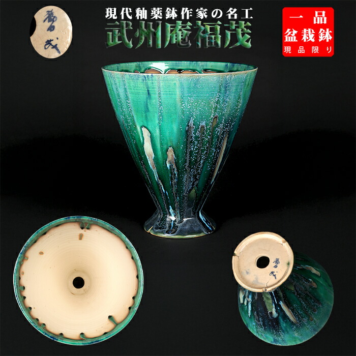 盆栽鉢 福茂緑釉馬上杯型鉢 鉢 武州庵 切り岸鉢 色鉢 織部 緑であること 東福寺を彷彿 10号 30糎 雑木盆栽に至適 現品極限点