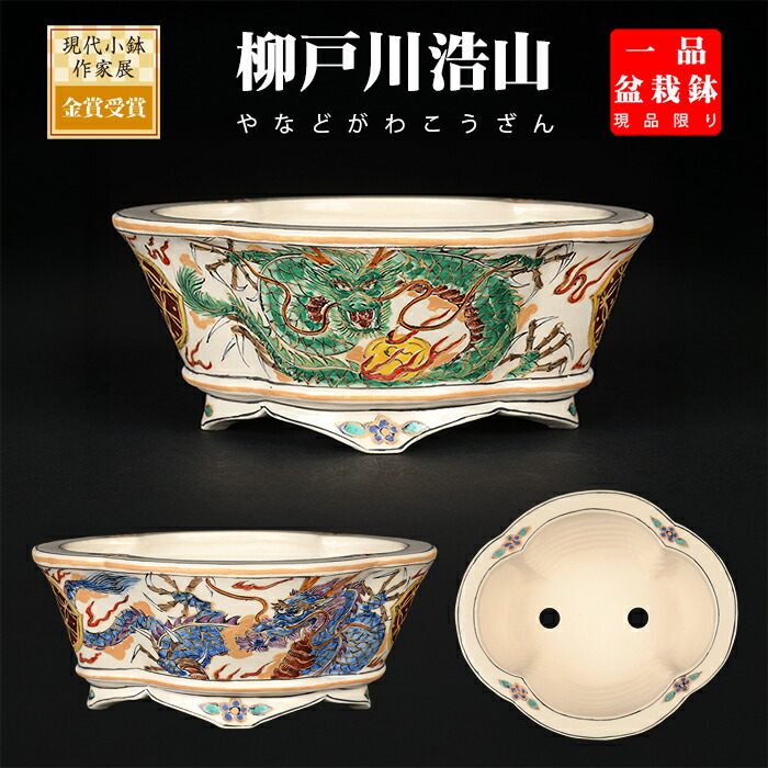 盆栽鉢 柳戸川浩山龍図草木瓜式鉢 絵付鉢 手造り 墨付き 4号 14糎 小品文盆栽 ミニ盆栽に至適 現品区分け 【貨物輸送無料】