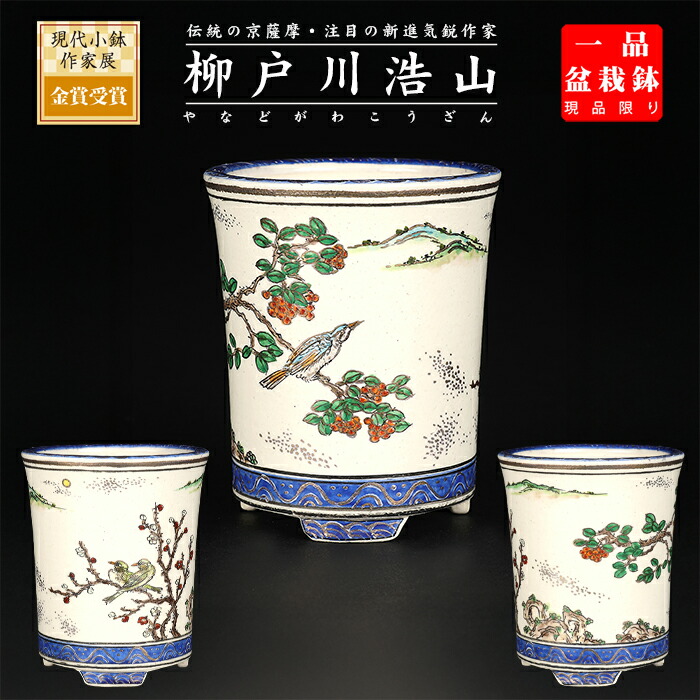 盆栽鉢 柳戸川浩山花鳥図丸鉢 絵付鉢 手造り 手描き 2号 7cm 小品盆栽 ミニ盆栽に最適 現品限り 【送料無料】