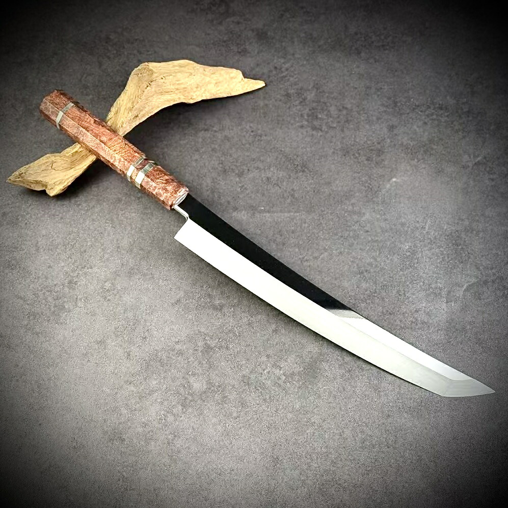 【特注製作】鬼反り先丸包丁 刺身包丁 9寸（刃渡り270mm）通常鏡面仕上げ 本刃付け 花梨桜三本銀巻八角柄｜梵静刃物 本職料理包丁專門店