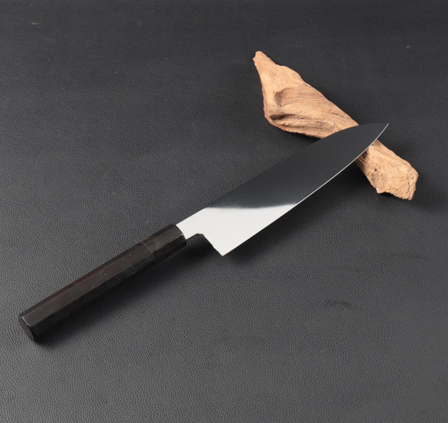 10446 切付型 特大牛刀 尺一寸 刺身包丁 両刃 黒檀黒水牛角白三本巻八角柄 10446 切付型 特大牛刀 尺一寸 刺身包丁 両刃 黒檀黒水牛角白