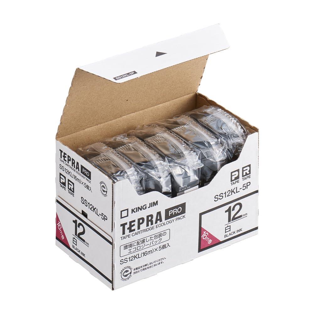 キングジム 【純正】 テプラPROテープカートリッジ エコパック5個入 12mm 白ラベル/黒文字 ロング 長さ16m SS12KL-5P