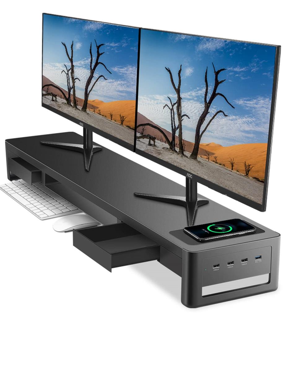 Meatanty デュアル モニター台 引き出し pc モニタースタンド パソコン台 ディスプレイ台 USB 3.0/2.0 データ転送 机上台 スチール製 充電バージョン 幅100cm｜梵たん　店
