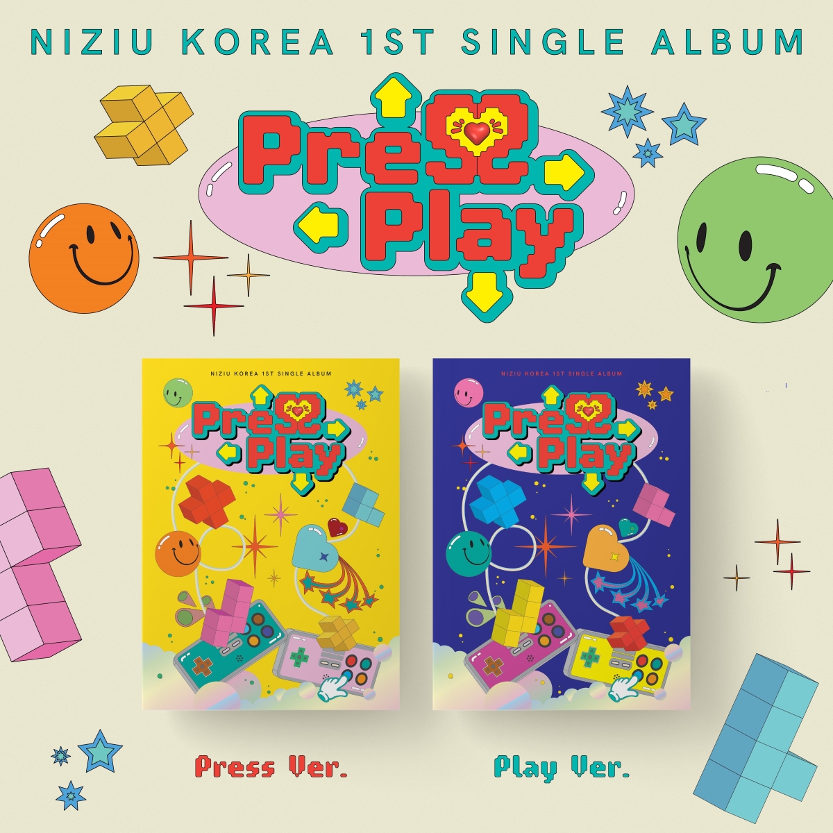 【先着特典】NiziU Korea 1st Single Album『Press Play』(Press Ver.&Play Ver.セット)(オフラインイベント応募抽選用シリアルナンバー入りチラシ(2枚)+予約販売特典ポスター2枚(両バージョン各1種))画像