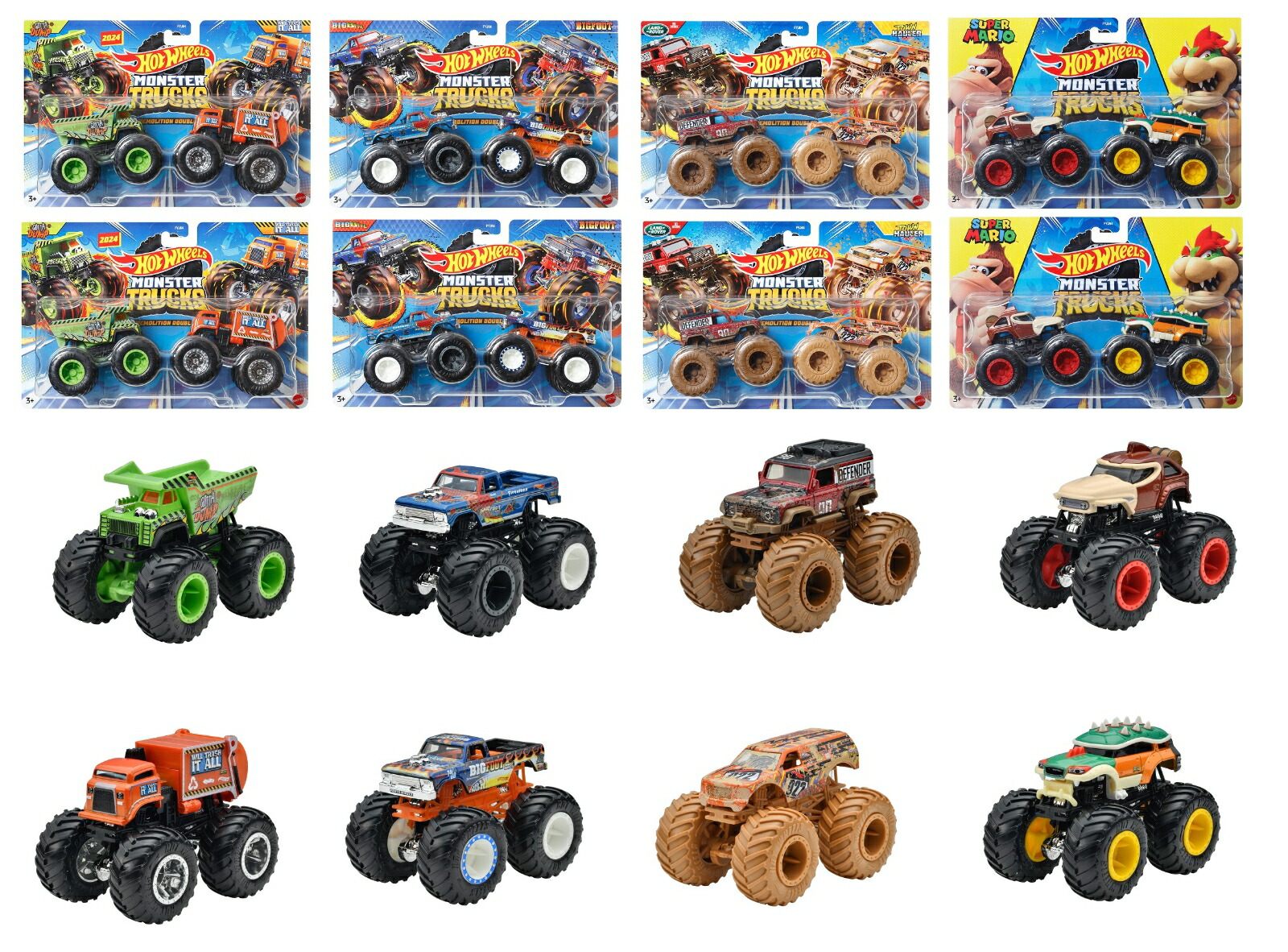 ホットウィール（Hot Wheels） モンスタートラック 1:64　2パック　アソート【ミニカー2台組×8セット入り BOX販売】 【3才~】 986N-FYJ64