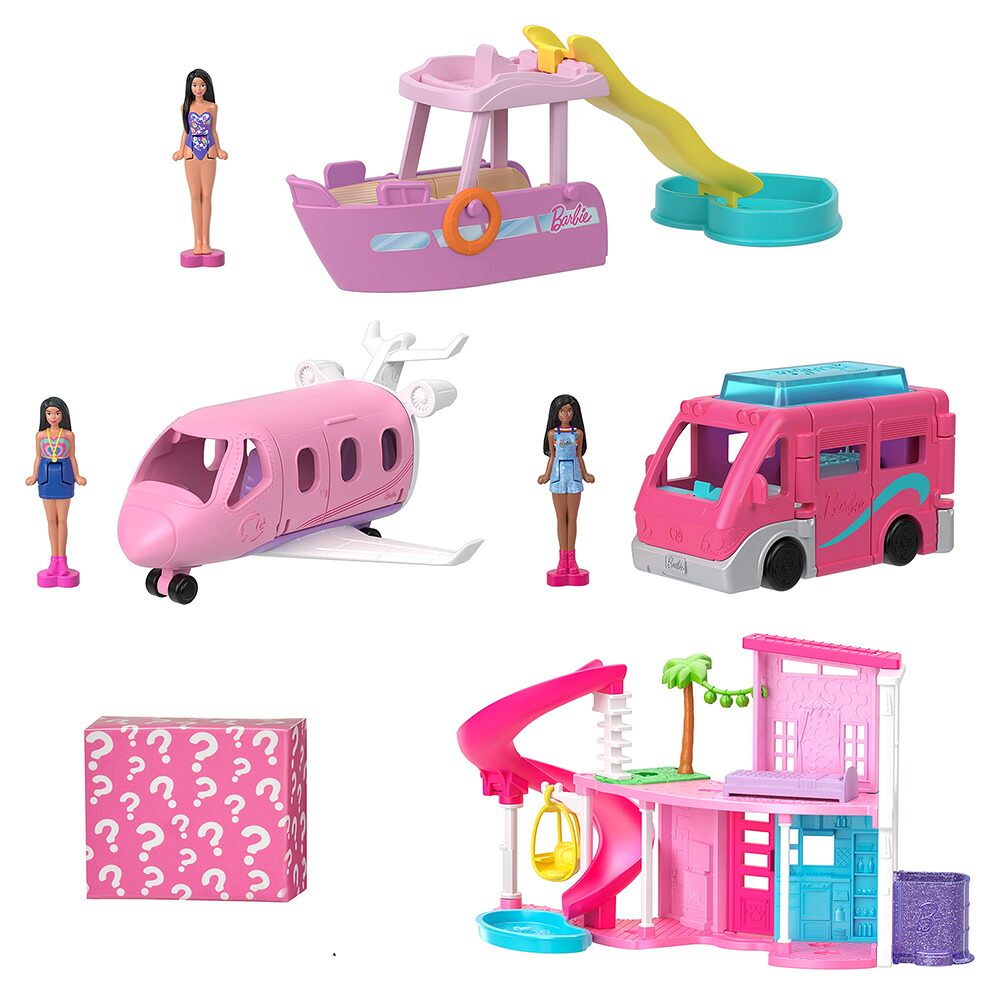 バービー(Barbie)ミニバービーランドドリームハウスとのりものセットマイクロドール4体付きせかえ人形・ハウスドールハウス飛行機キャンピングカークルーザー6歳からピンクJDB86