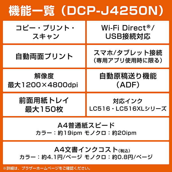 プリンターブラザーA4大容量インクジェット複合機DCP-J4250N(コピー/プリント/スキャン/自動両面印刷/Wi-Fi/簡単設定)