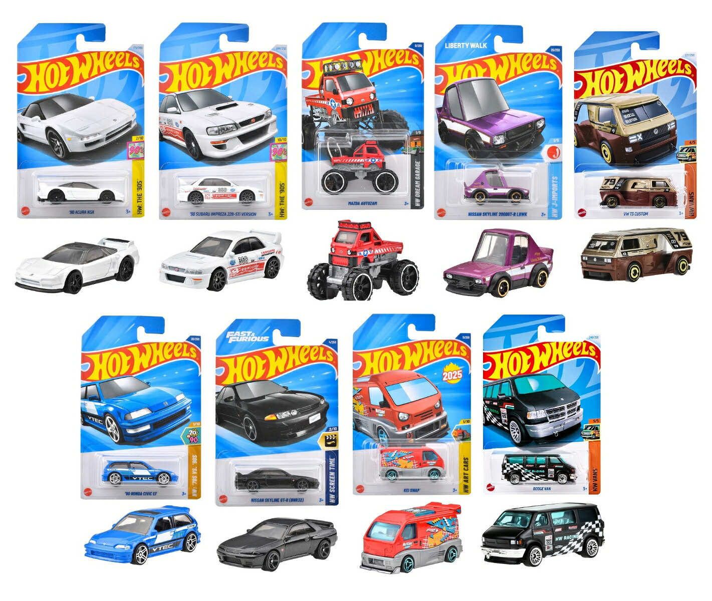 【楽天ブックス限定特典】【セット商品】ホットウィール(Hot Wheels) ベーシックカー 9種セット　日産 スカイライン GT-R、1990 ホンダ シビック EF、 '98 スバル インプレ…