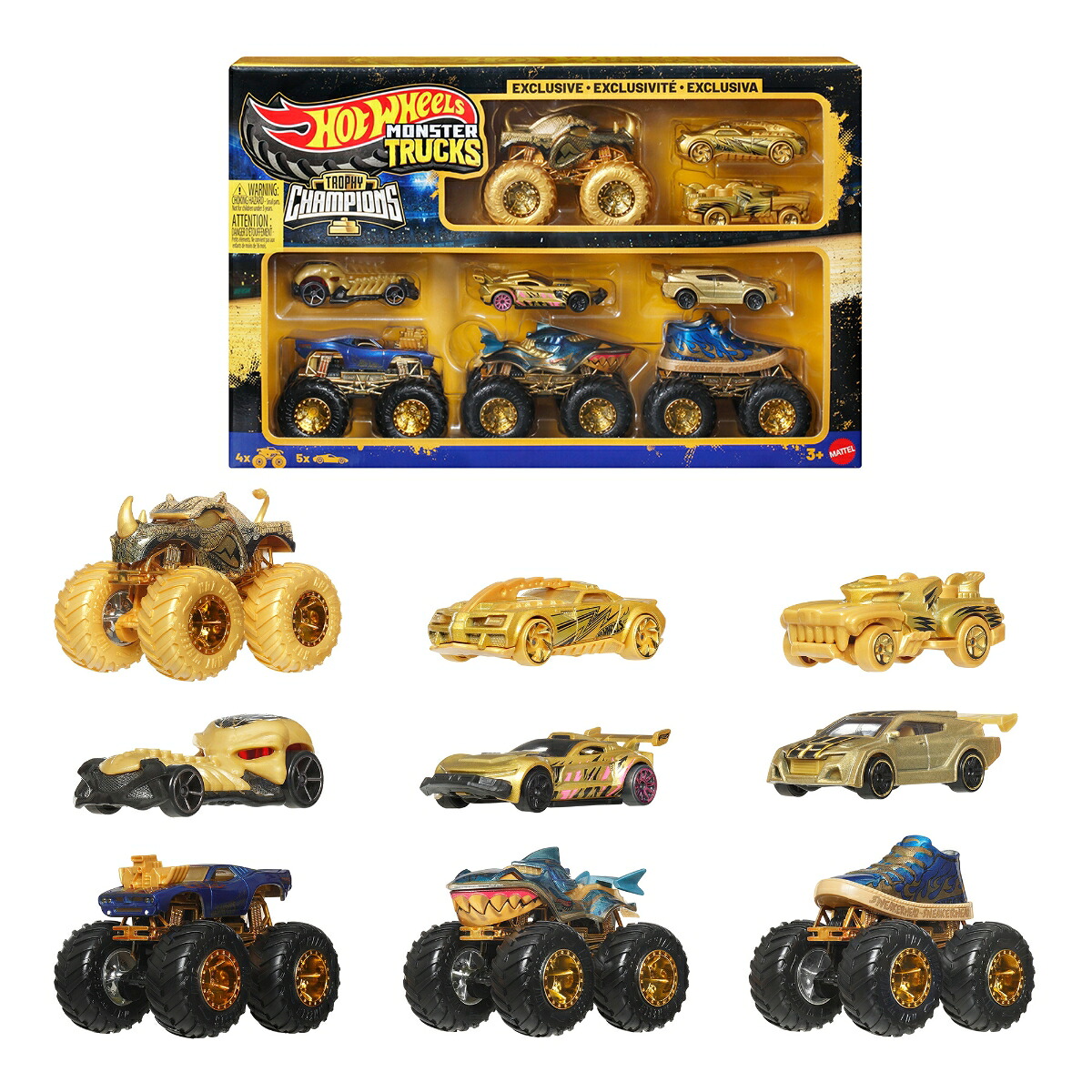 ホットウィール(HotWheels)モンスタートラックトロフィーチャンピオンマルチパック乗り物おもちゃモンスタートラック4台ミニカー5台計9台入3歳からゴールドJND72