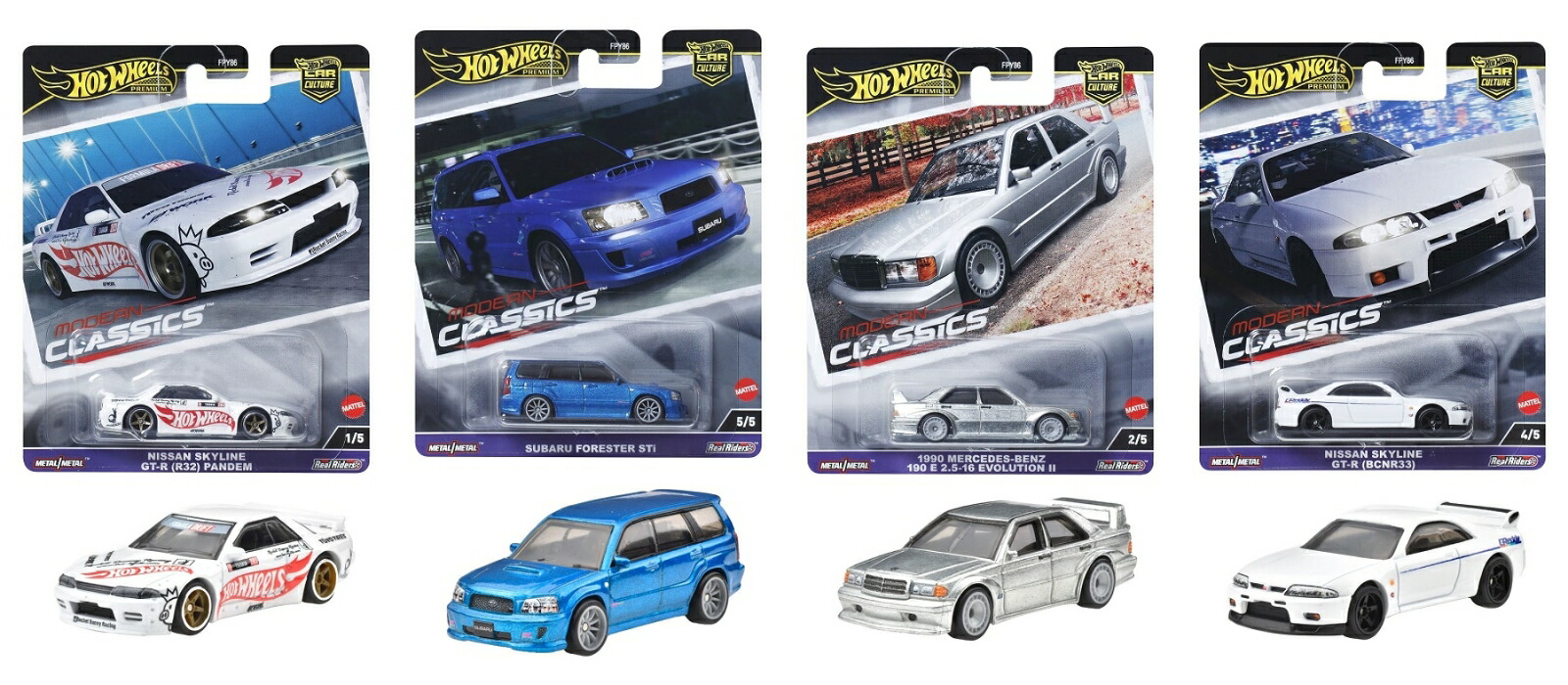 【楽天ブックス限定特典】【セット商品】ホットウィール(Hot Wheels)カーカルチャー モダン・クラシックス スカイライン GT-R(R32)パンデム＋フォレスター Sti＋メルセデス・ベンツ 190 E 2.5-16 エボリューションII＋スカイラインGT-R(BCNR33(アクリルキーホルダー2種)