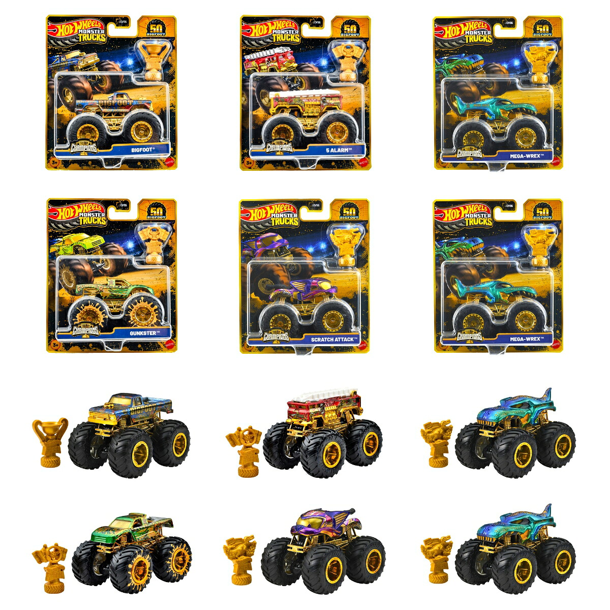 ホットウィール(HotWheels)モンスタートラックトロフィーチャンピオンアソート乗り物おもちゃミニカー6台入りBOX販売3歳からマルチ986B-JDV96