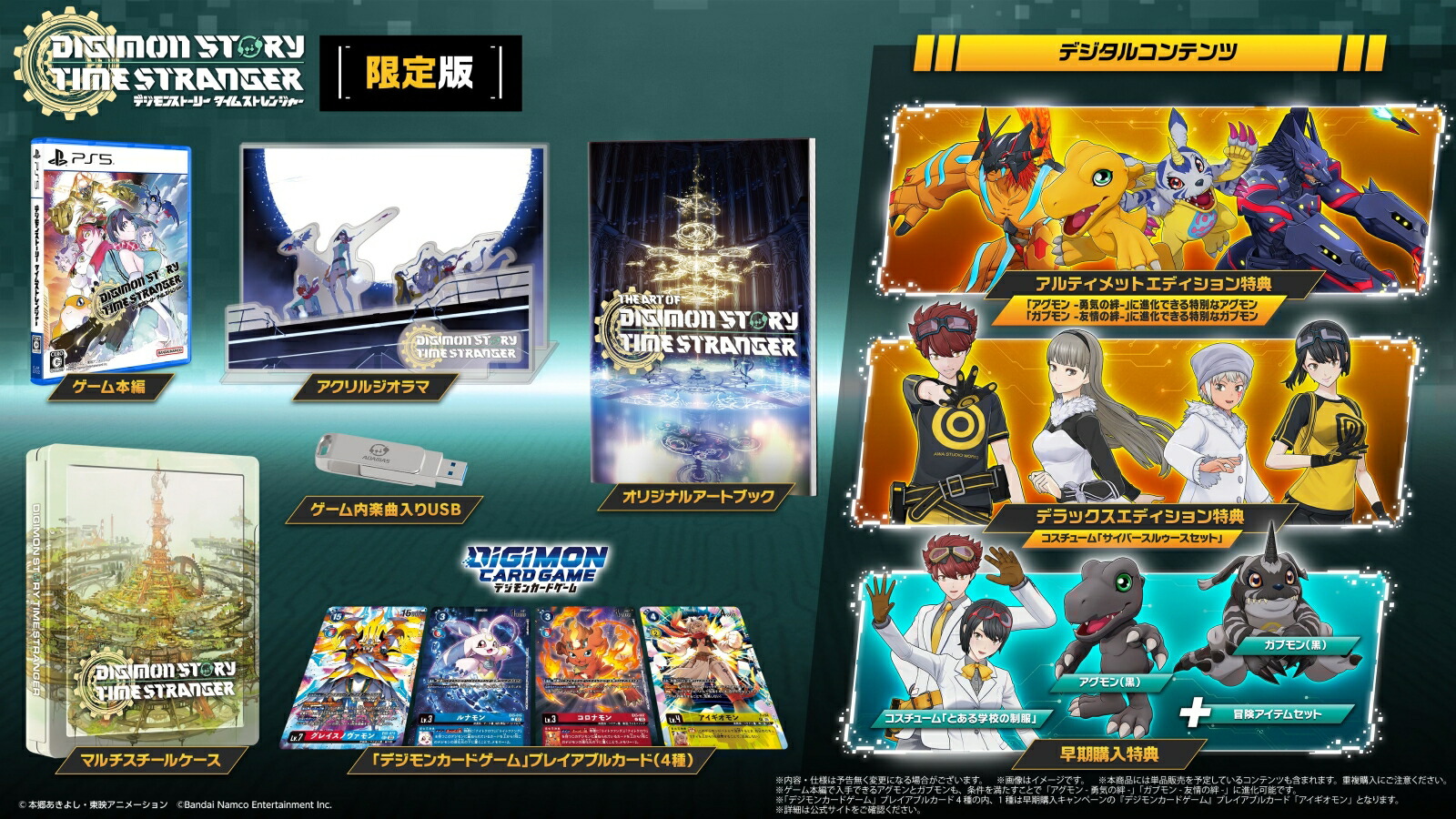 デジモンストーリー タイムストレンジャー　限定版(育成デジモン、コスチューム、冒険アイテムセット+プレイアブルカード：アイギオモン)

特典