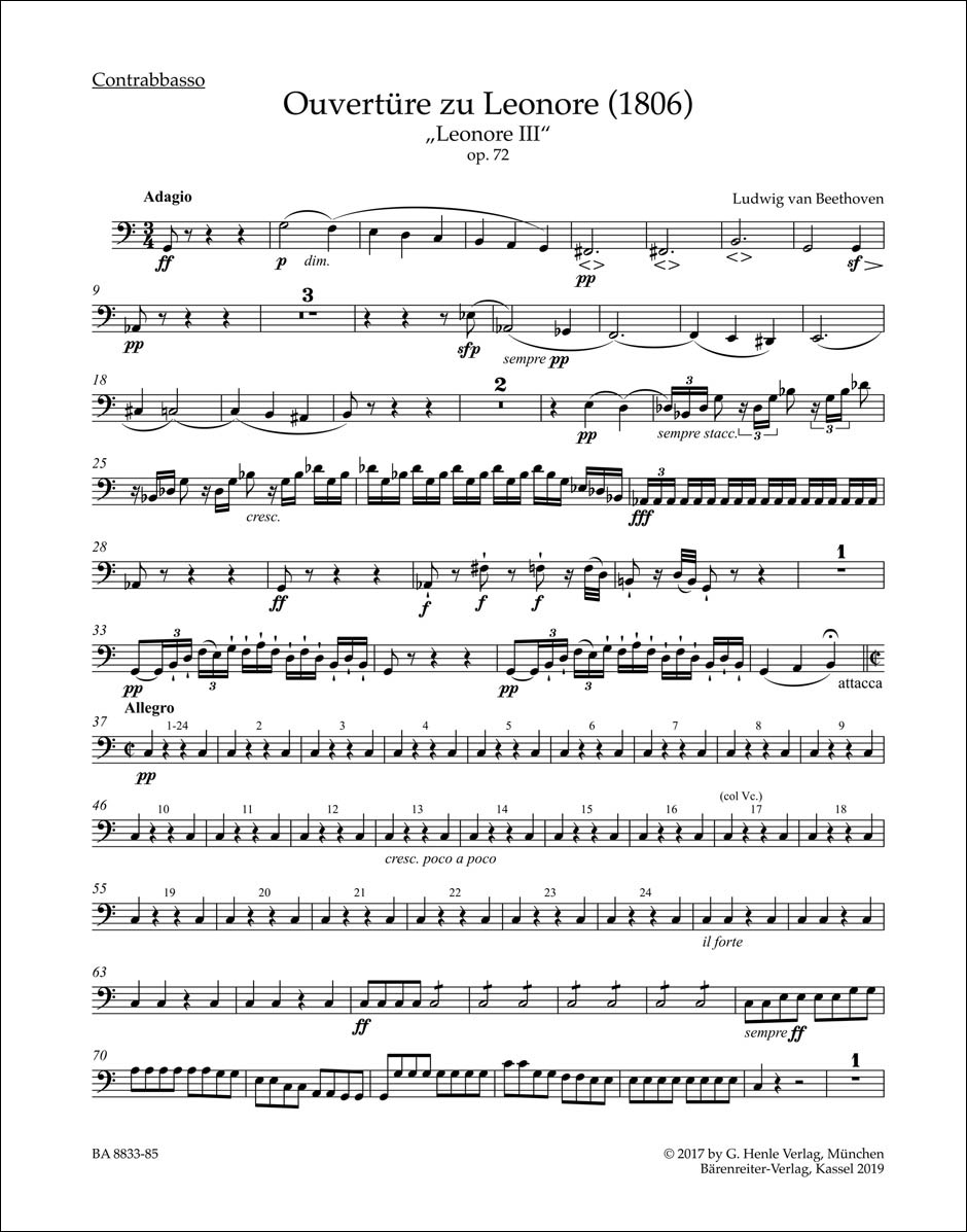 【輸入楽譜】ベートーヴェン, Ludwig van: 序曲「レオノーレ」 第3番 Op.72b/原典版/Luhning編: コントラバス