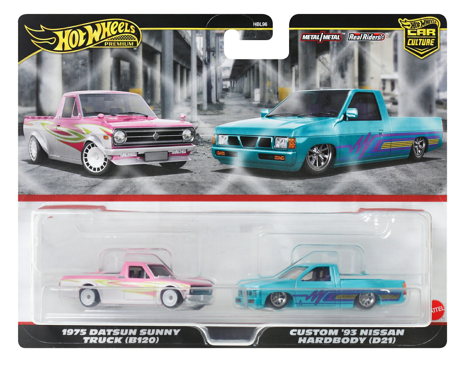 ホットウィール(HotWheels)プレミアム2パック1975ダットサンサニートラック（B120）/カスタム'93日産ハードボディ(D21)乗り物おもちゃミニカー3歳からマルチHRR78