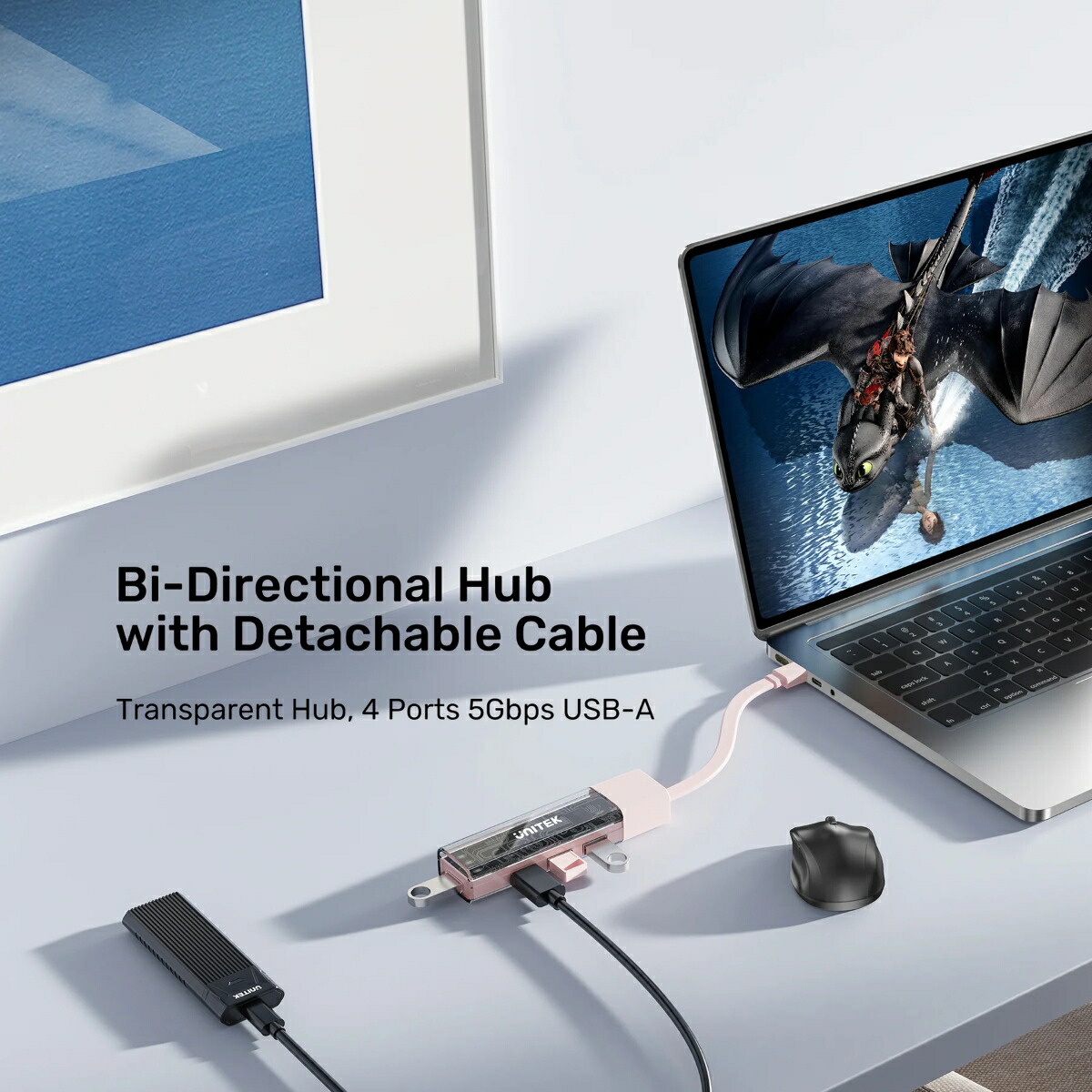 UNITEK4ポートUSBハブBi-DirectionalHubwithDetachableCable、White
