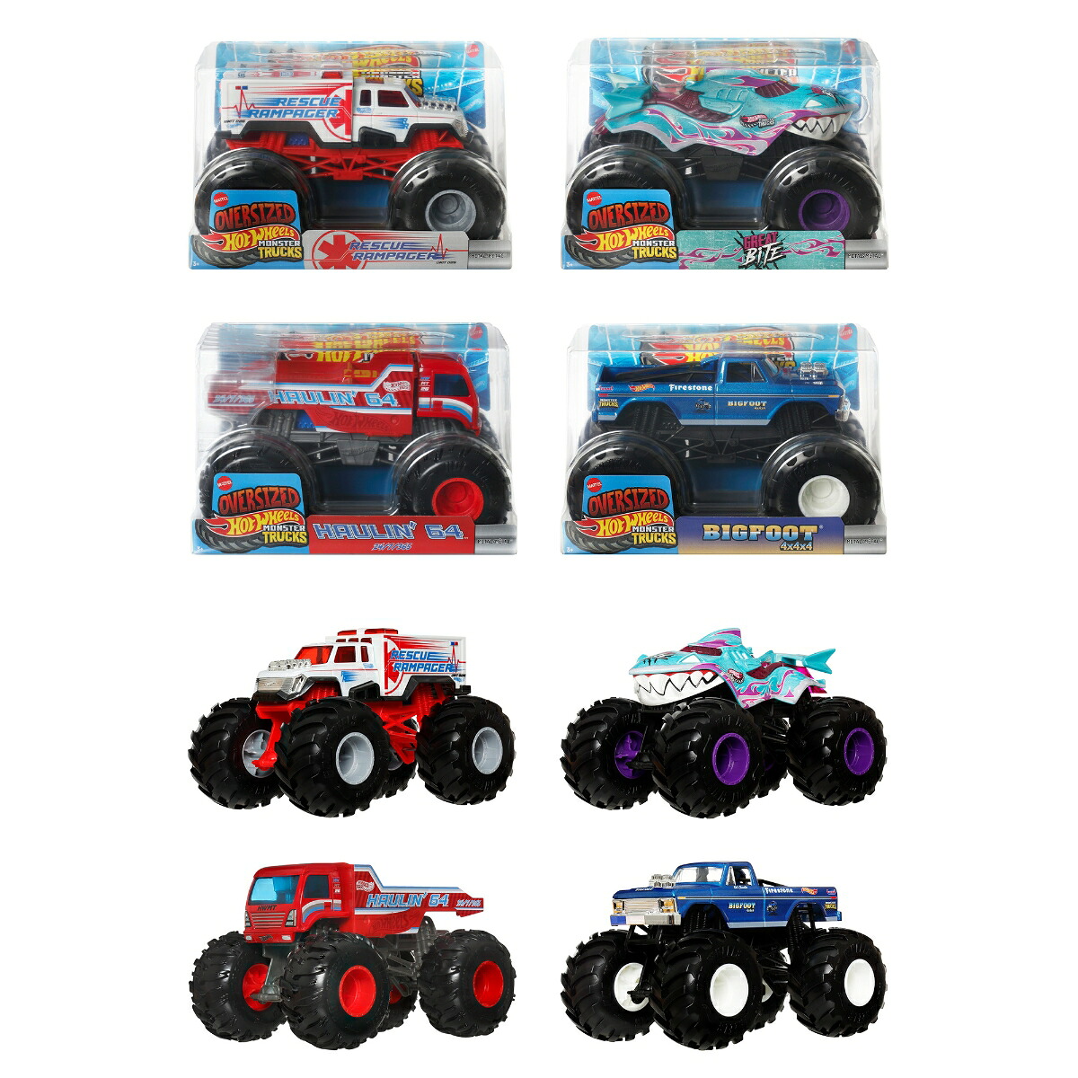 ホットウィール(HotWheels)モンスタートラックビッグサイズアソート乗り物おもちゃ1:24ミニカー4台入りBOX販売3歳からマルチFYJ83-989B
