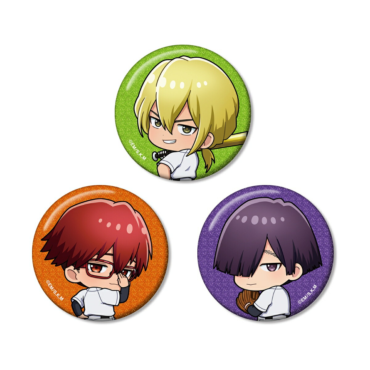 TVアニメ「忘却バッテリー」藤堂 葵&千早瞬平&土屋和季 ちびキャラ 振り向きver. グリッター缶バッジ3個セット画像