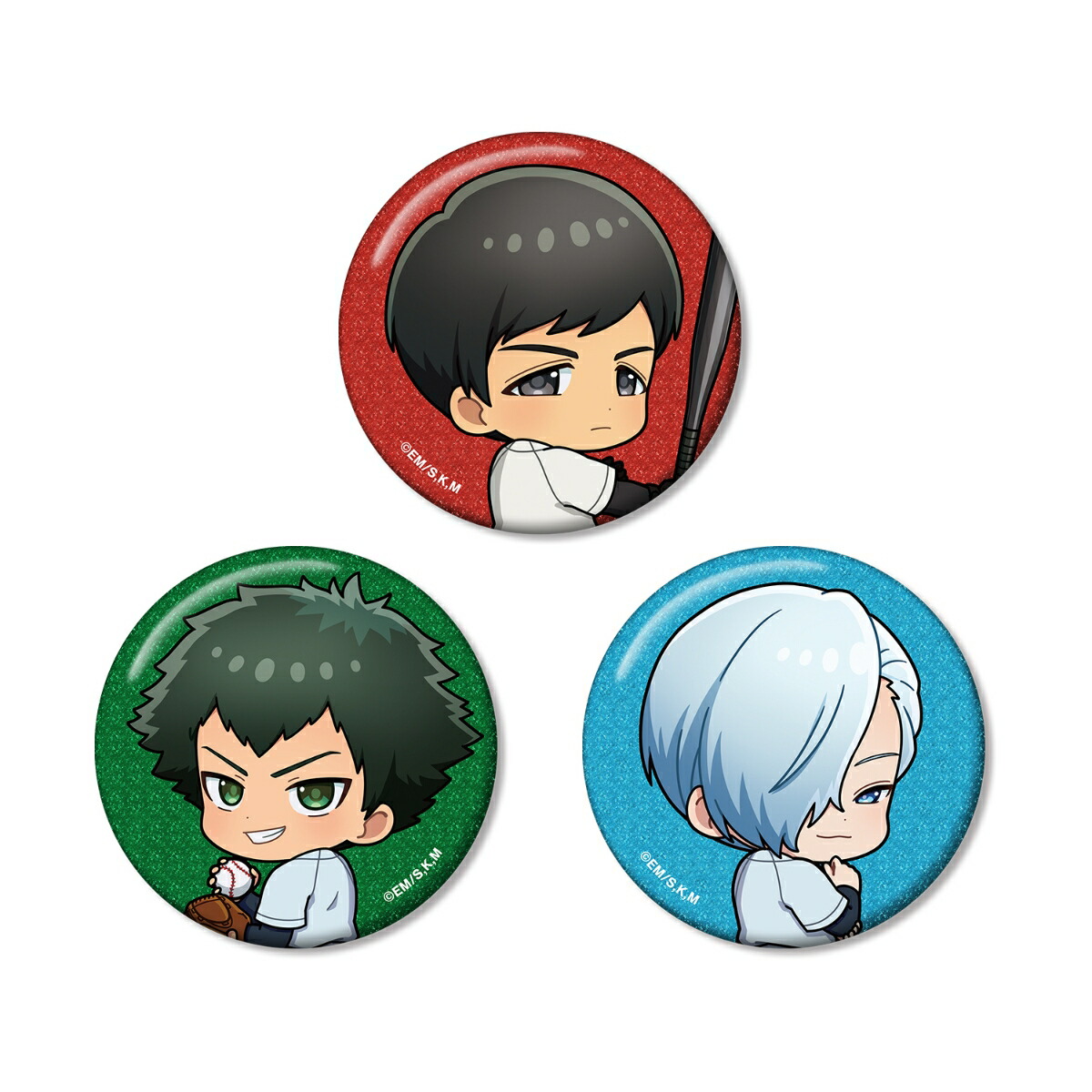 TVアニメ「忘却バッテリー」国都英一郎&巻田広伸&桐島秋斗 ちびキャラ 振り向きver. グリッター缶バッジ3個セット画像