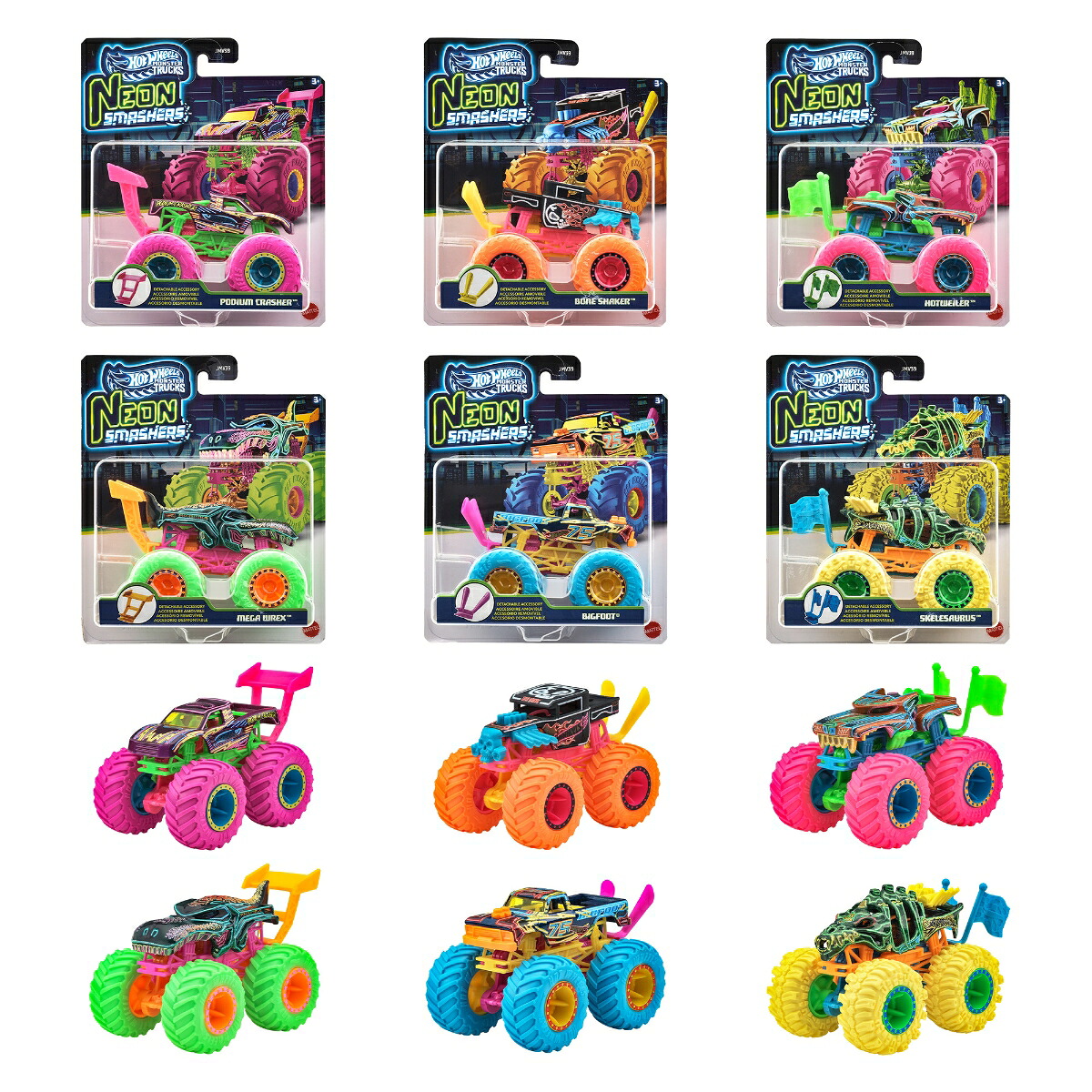 ホットウィール(HotWheels)モンスタートラックネオンスマッシャーズアソート乗り物おもちゃミニカー6台入りBOX販売3歳からマルチJMV39-986A